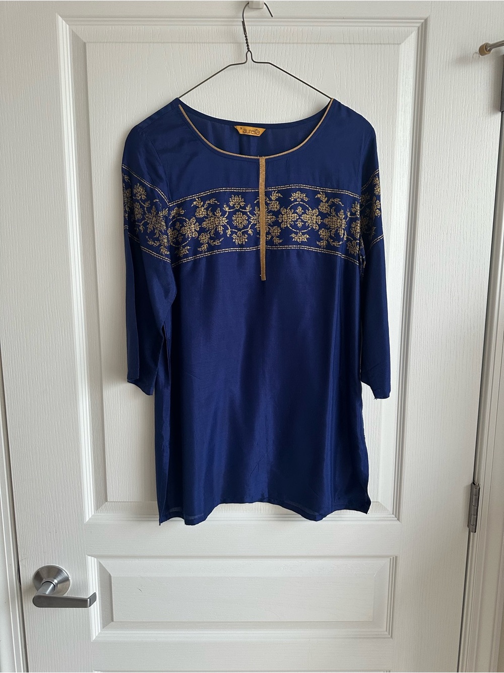 Aurelia Cobalt Blue Indian style Top with Gold Floral Embroidery